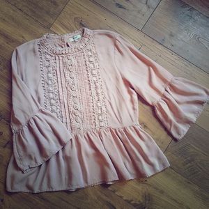 Blush bell-sleeve peplum blouse, medium